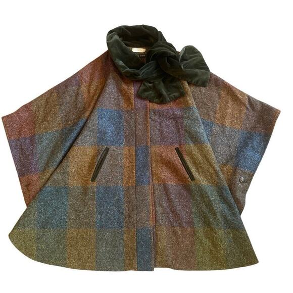 Vtg Avoca Irish Made Multicolor Tweed Wool Pocket Cape Velvet Tie Collar EUC O/S